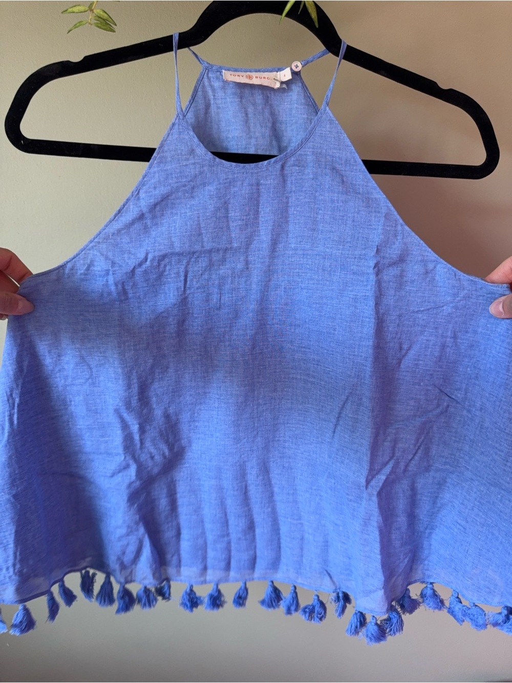 Tory Burch Periwinkle Halter Tassel-Hem Camisole
